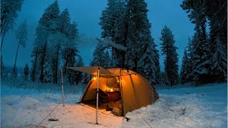 Winter Hot Tent Camping in Snow and Wind Storm