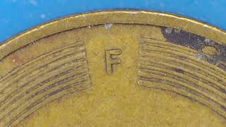 5 Pfennig,  Brass clad steel coin from 1950 under the microscope,  Federal Republic of Germany