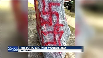 Madison park historic marker tagged with swastikas, Trump Rules