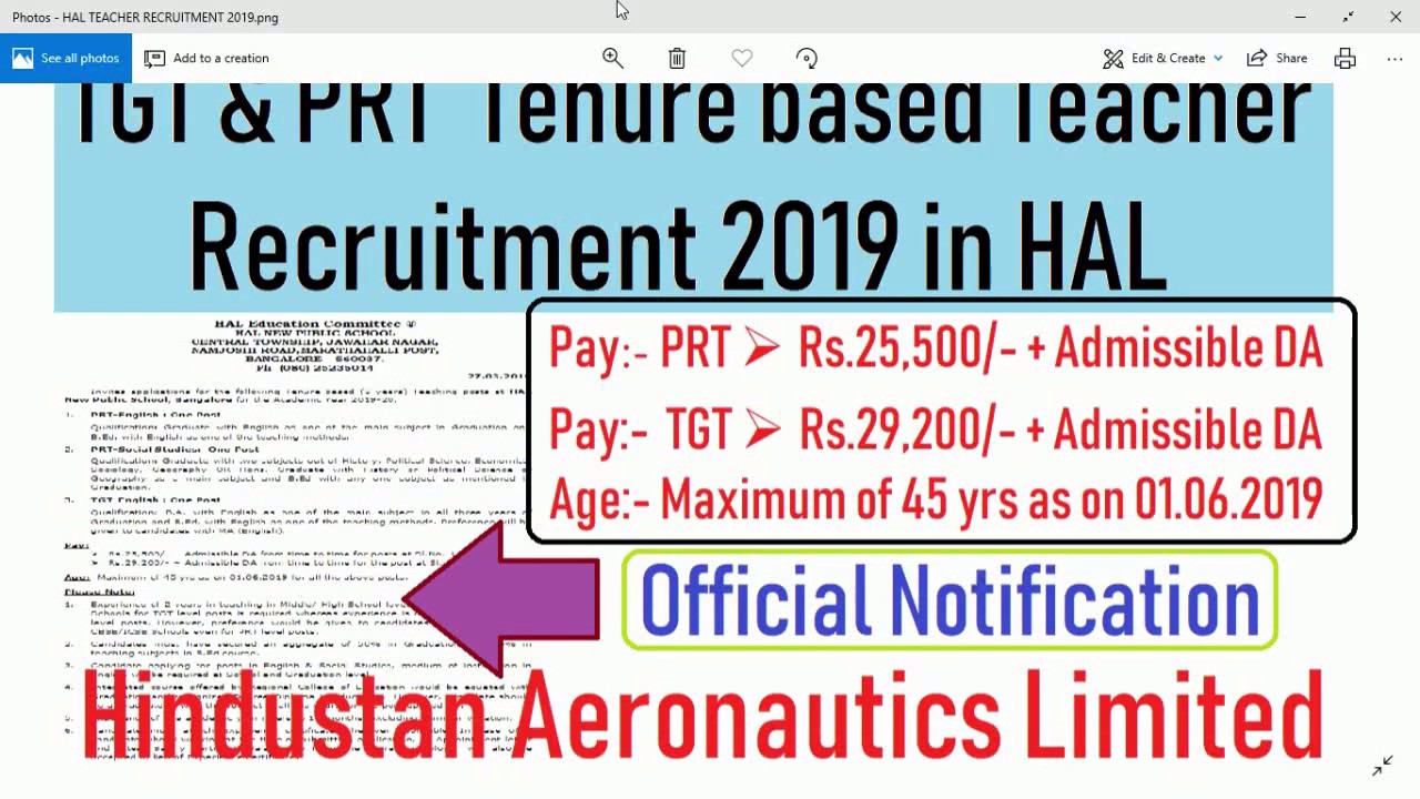 HAL PRT & TGT TEACHER RECRUITMENT 2019, age 45 years, for B.A + B.Ed.