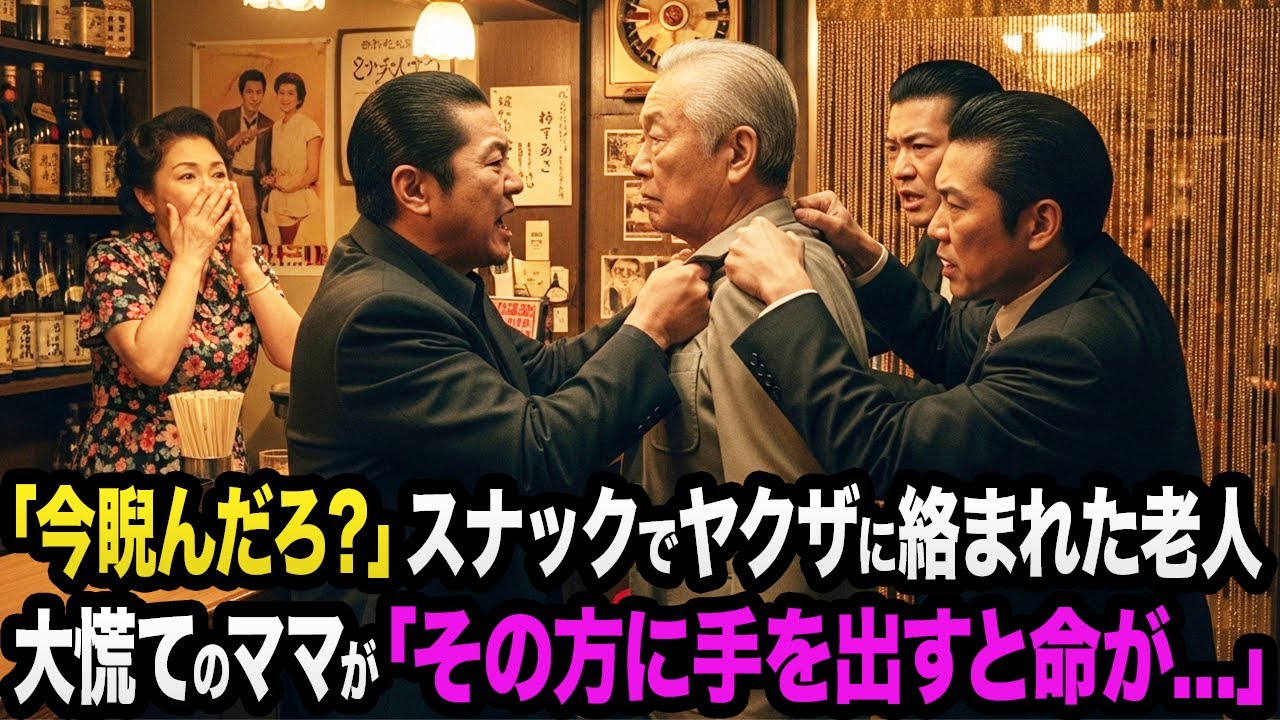 ヤクザ5人に馴染みのスナックで絡まれた老人。ヤクザ「睨んだな？タコ殴りにしてやる！」すると大慌てのママがヤクザに、「その方に手を出すと命が危険です」→5分後...