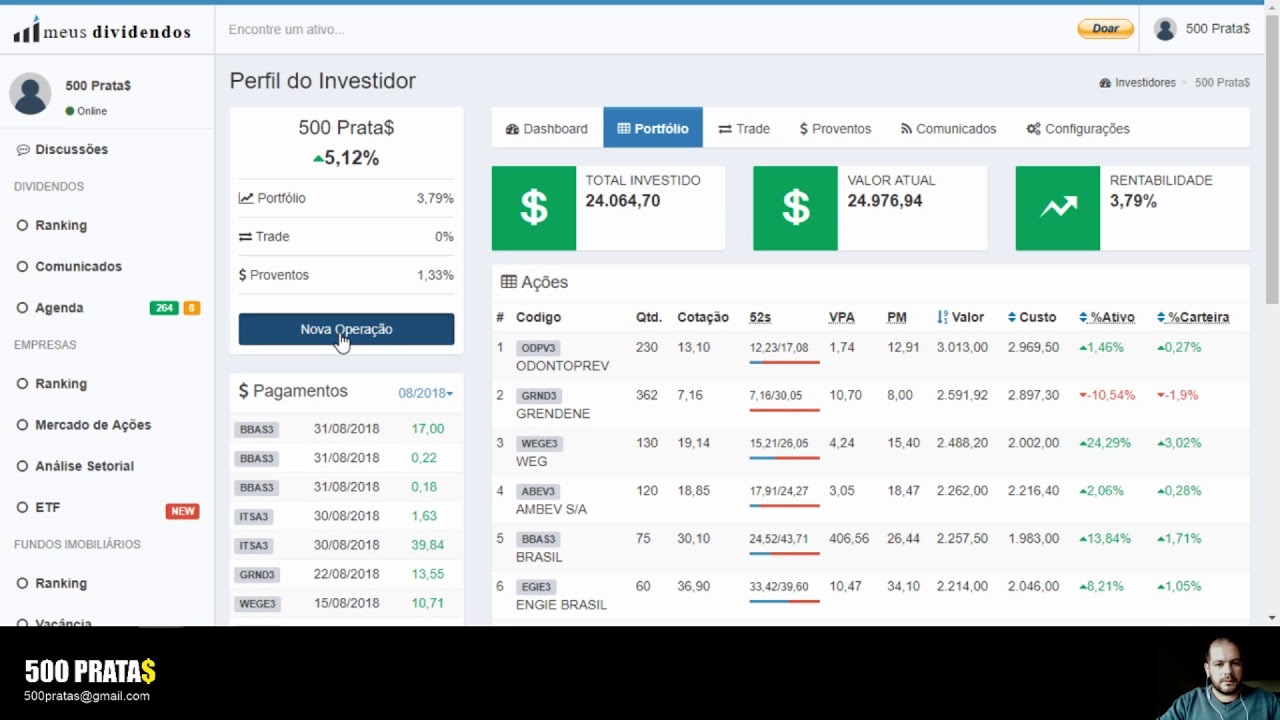 Carteira de DIVIDENDOS 500 Prata$ Série 04 (GRND3, FIIB11, ITSA3)