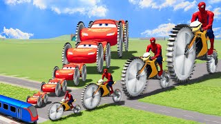 Big & Small Spiderman on a motorcycle with Saw Wheels vs Mcqueen with Saw Wheels vs Trains | BeamNG