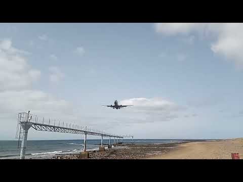 plane landing over the beach in Lanzarote