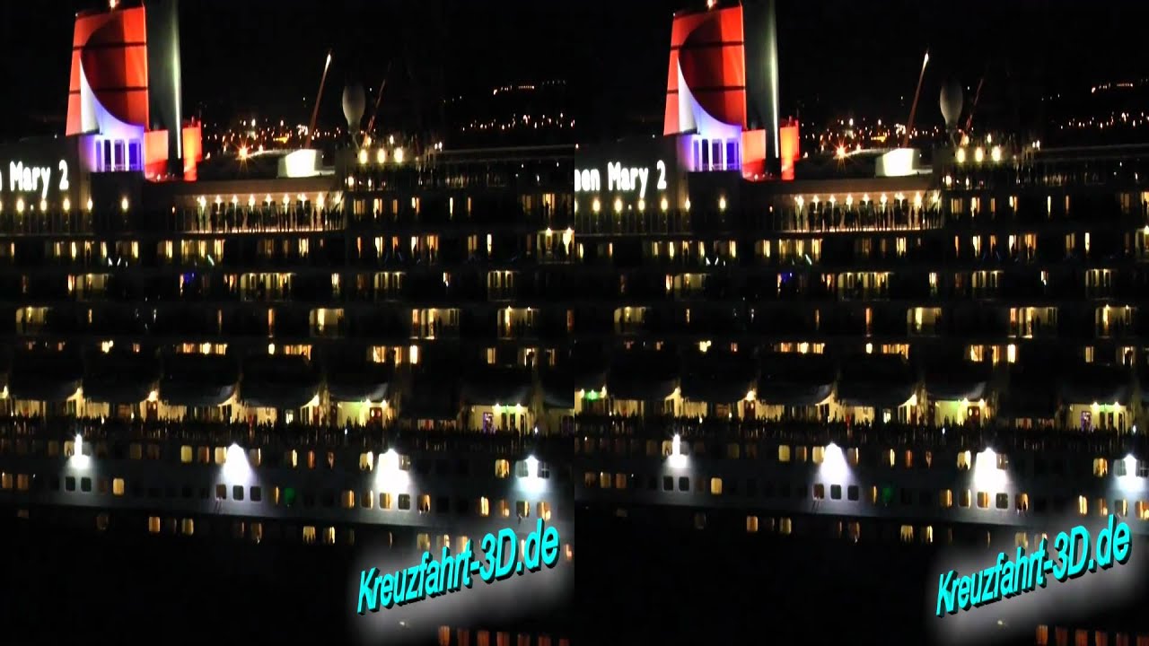 3D-Video: Queen Mary 2 Flagparade beim 25. Besuch QM2 in Hamburg mit Auslauf des Kreuzfahrt-Riesen
