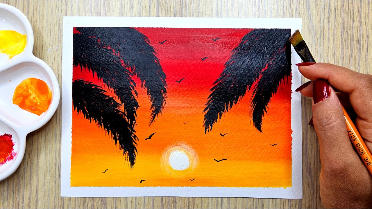 Как нарисовать легкую картину заката акриловыми красками