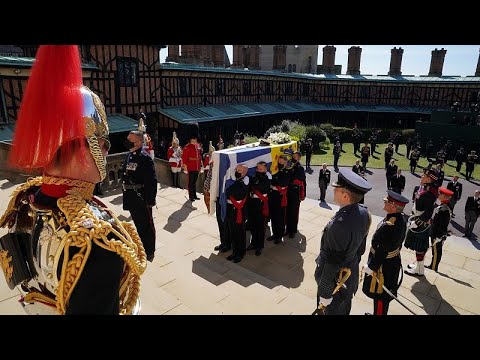 Royals follow Philip hearse, coffin outside chapel