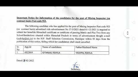 HPSSC HAMIRPUR LATEST UPDATE NOTIFICATION MINING INSPECTOR POST CODE 953