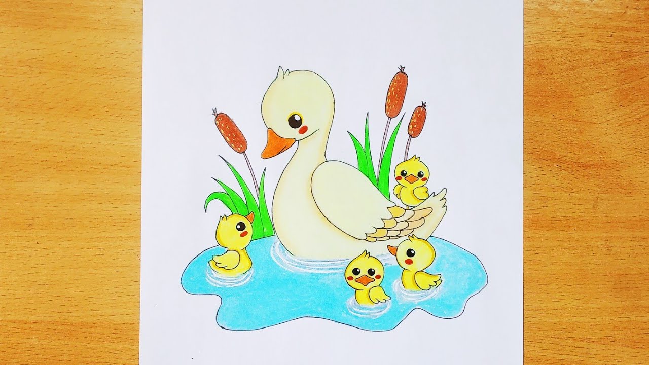 How to draw mother duck and it's four ducklings — For kids || Step ...