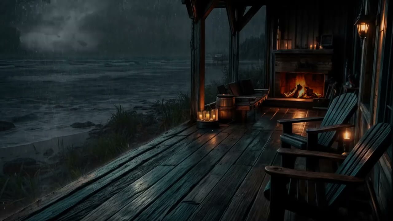 Cozy Seaside Porch 🌧️ Crashing Waves, Dark Rain & Crackling Fireplace Sounds for Deep Sleep