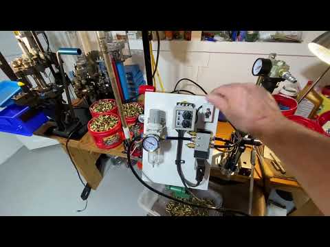 Lee APP auto drive by pneumatic cylinder with Dillon case feed and 3D printed universal case feed.