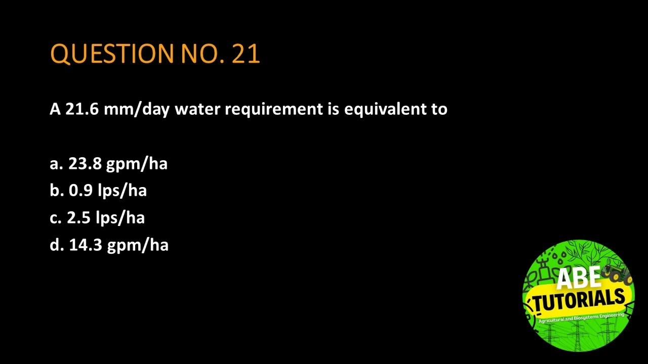 A 21.6 mm/day water requirement is equivalent to a. 23.8 gpm/ha b. 0.9