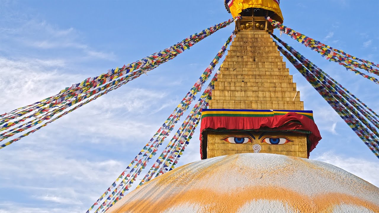 Slow Motion of the Beautiful Boudhanath Stupa or Buddha Stupa in Kathmandu, Nepal on a Sunny Day