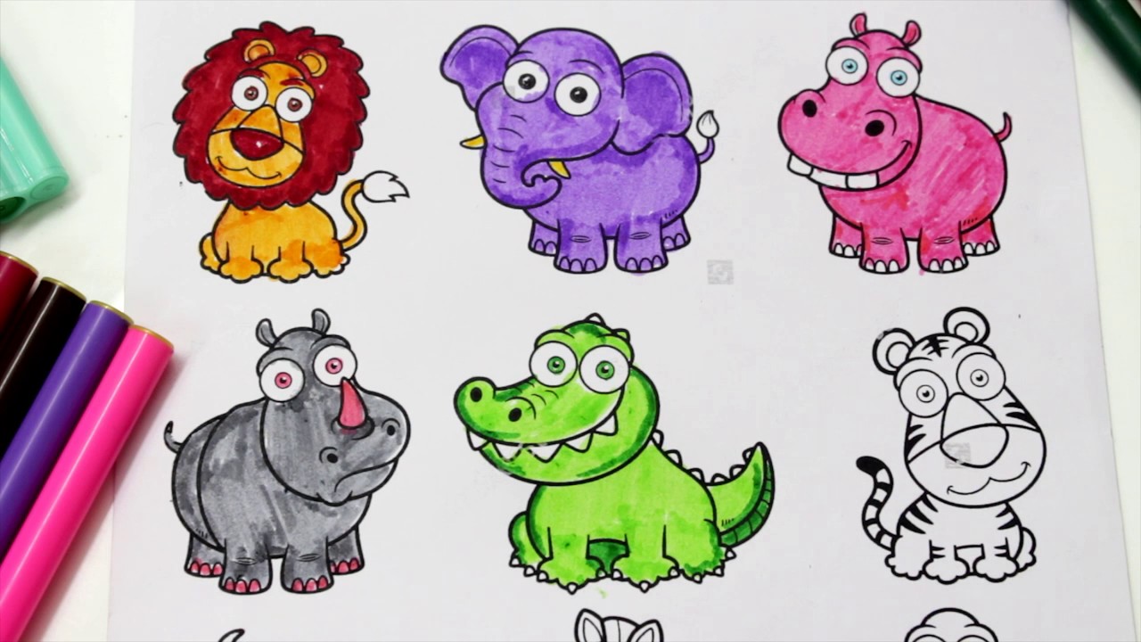 Colouring Cute Animals Colouring Book Pages For Kids Lion Elephant Hippo Rino Crocodile Tiger Youtube