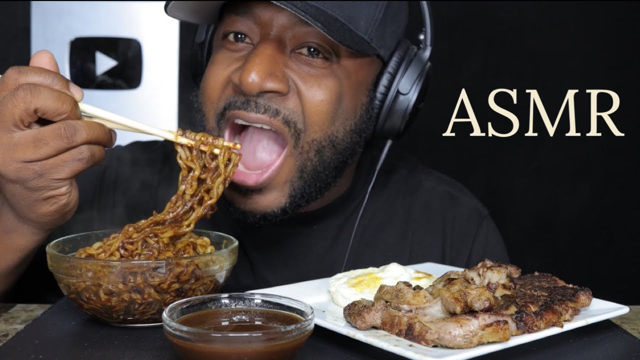 Tc Asmr ASMR EATING RIBEYE STEAK & BLACK BEAN NOODLES. MUKBANG (NO TALKING ...