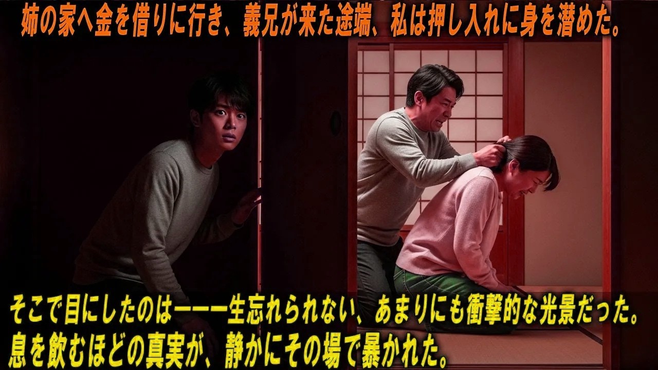 姉の家へ金を借りに行き、義兄が来た途端、私は押し入れに身を潜めた。 そこで目にしたのは――一生忘れられない、あまりにも衝撃的な光景だった。 息を飲むほどの真実が、静かにその場で暴かれた。