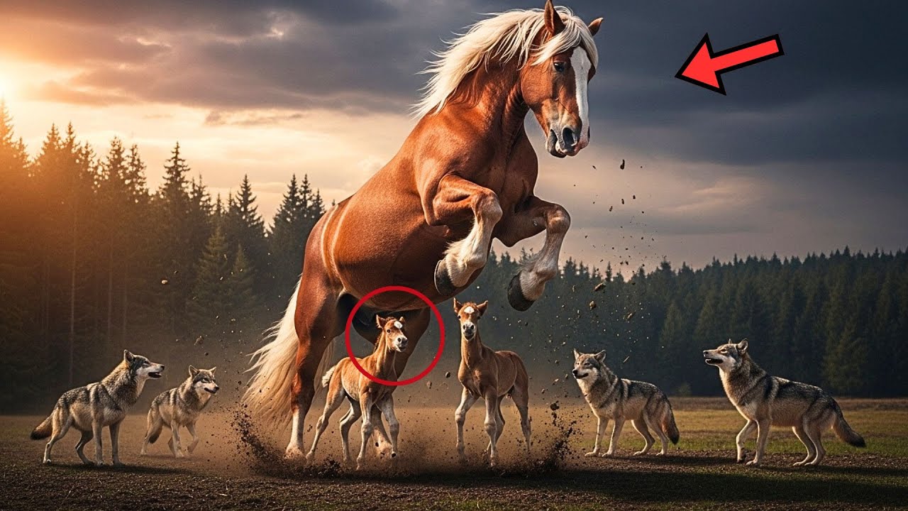 Pack of Wolves Surrounds Giant Mare's Foals... What She Does to Defend Them Is Brutal