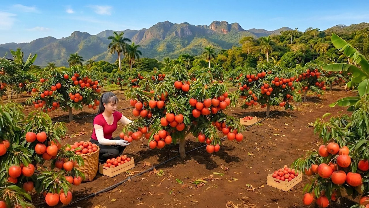 TIMELAPSE -- 30-Days Technique Growing Rambai Fruit, Harvest 1000+ Red Rambai Fruit Go to Sell