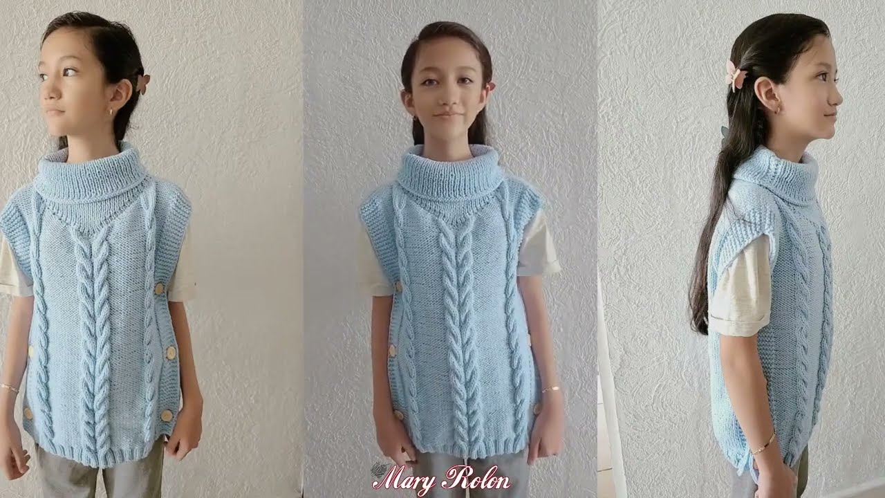 💖Poncho chaleco de trenzas para niños de 8 años tejido en dos agujas todo en crochet parte #5