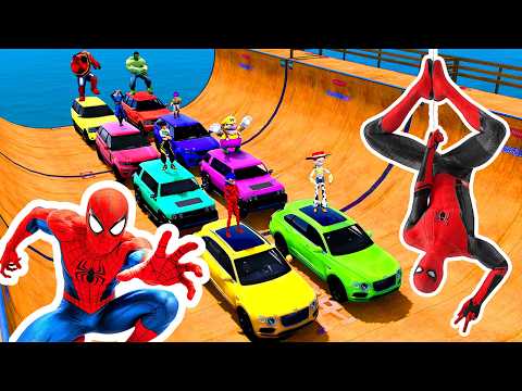 SPIDERMAN Epic Mega Monster ramp Challenge for MUSCLE Cars SUVs! GTA 5 SuperHero HULK Venom Goku