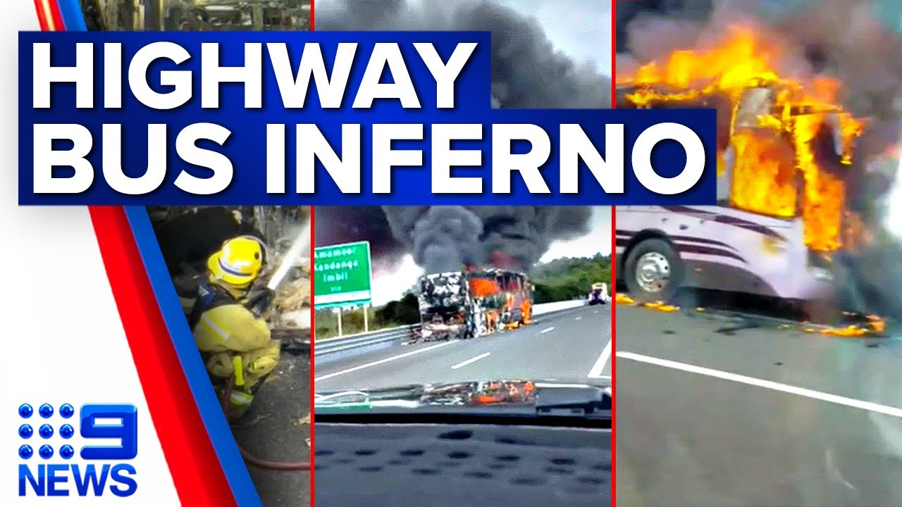 Golfing veterans narrowly escape dramatic bus inferno on highway | 9 News Australia