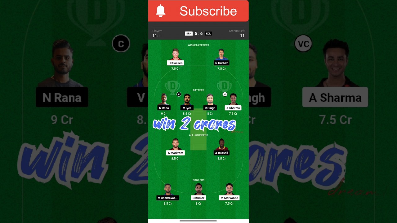 SRH vs KOL Dream11 GL Team | win 2 crores💸🤑| SRH vs KOL dream11 prediction |