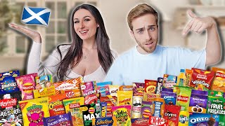 Americans Try BRITISH SNACKS For The First Time *Scotland Edition*