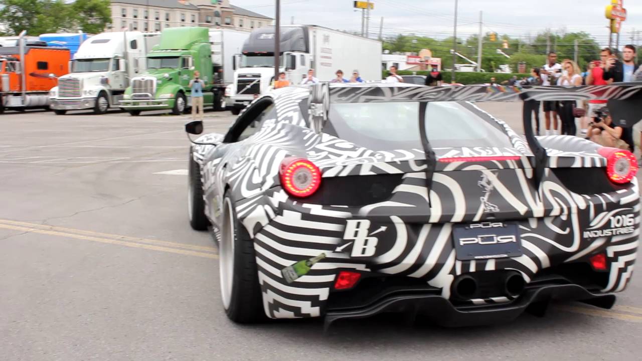 Damon's Widebody Ferrari 458 Italia served donuts at goldRush Rally - YouTube
