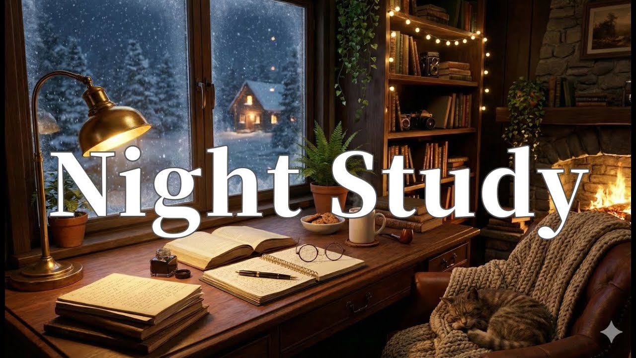 Night Study ❄️ Cozy Winter Study Ambience (3 HOURS) | Snowy Window + Warm Lamp | No Vocals