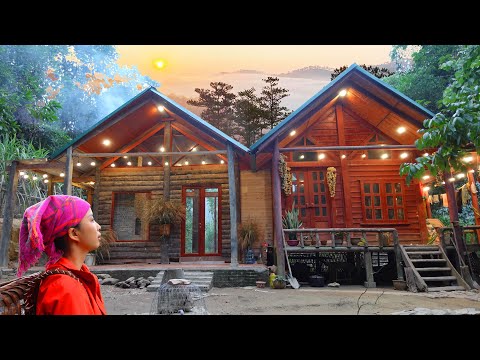 Completed Construction of Wooden CABIN in the forest, tiny house, working off grid