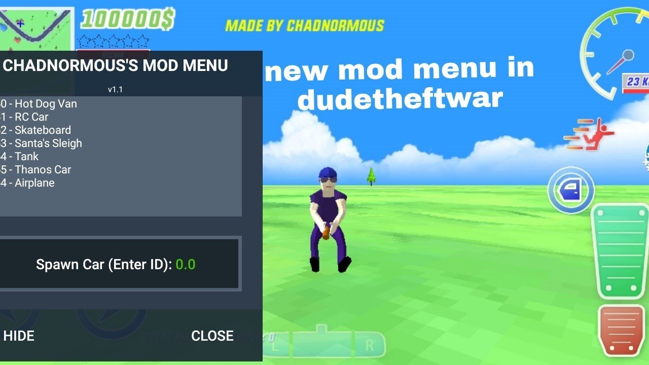 trying new mod menu in dudetheftwar - YouTube
