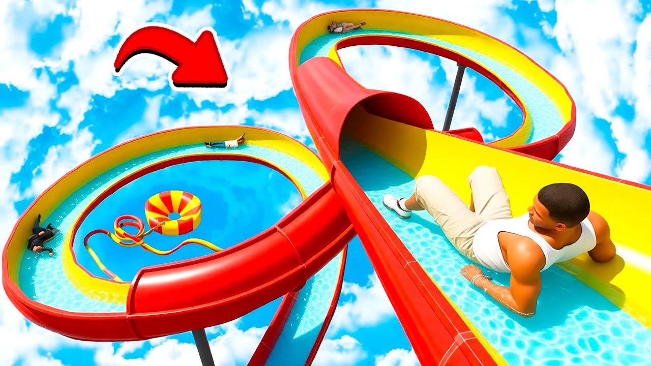ЭКСТРЕМАЛЬНЫЙ СПУСК СО СКОЛЬЗКОЙ ГОРКИ в АКВАПАРКЕ в ГТА 5! ЭКСПЕРИМЕНТ ВИДЕО GTA 5 ОНЛАЙН