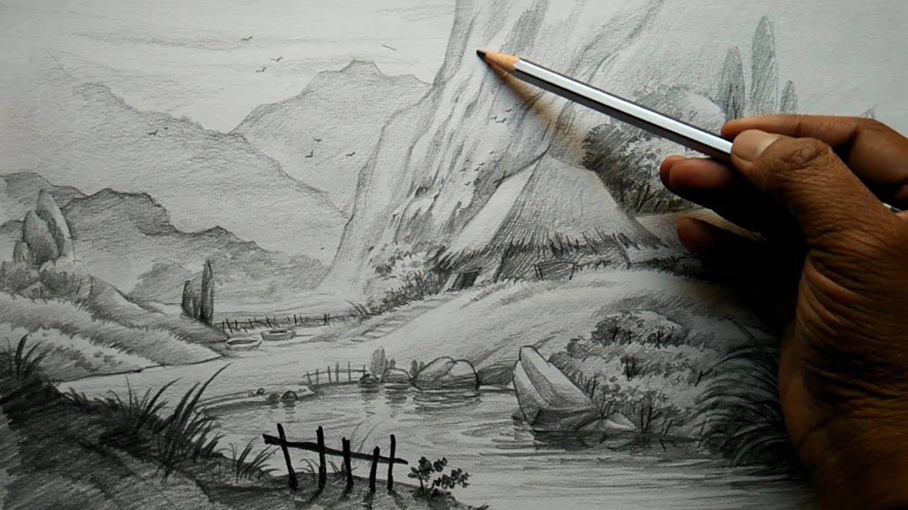 How to Draw Village Landscape With Pencil | Pencil Art - YouTube