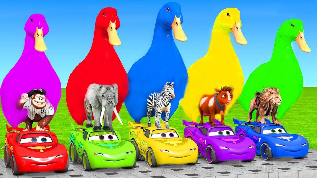 5 Giant Duck Cartoon, Cow, Giraffe, Elephant, Lion, Paint Wild Animals Crossing Fountain Animation 4