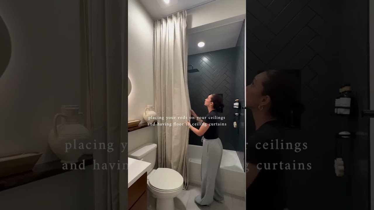 Floor to ceiling linen curtains to elevate your bathroom. 🫧 #shorts #highend   #twopagescurtains