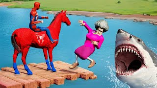 Scary Teacher 3D Surprice Spiderman Battle Shark Tiger - المعلمة الشريرة تفاجئ سبايدرمان و الحصان