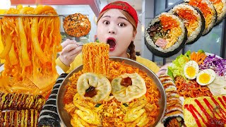 MUKBANG 분식집 참치김밥 치즈돈까스 떡볶이 라면 먹방! Spicy Teokbokki & Noodles & Gimbap Eating Sound | HIU 하이유