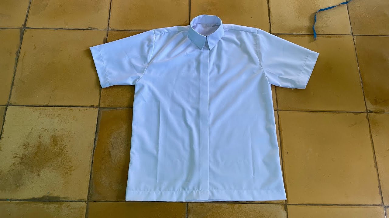 Memasang Kerah Kemeja Dan Menjahit Tempat Kancing Seragam Sekolah Mengelim Bagian Bawah Baju