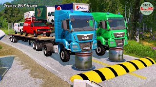 Double Flatbed Trailer Truck vs speed bumps|Tractor vs Train|Beamng Drive|249
