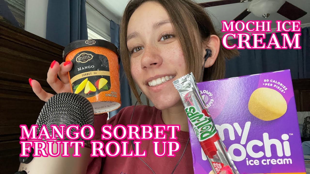 ASMR | eating mango sorbet fruit roll up + eating mochi ice cream