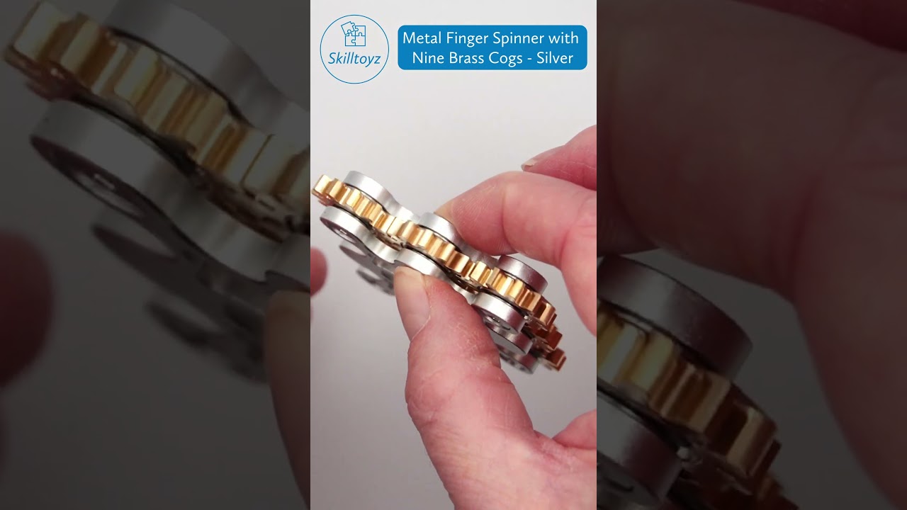 Skilltoyz Metal Finger Fidget Spinner with Nine Brass Cogs Square Silver