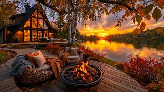Peaceful Autumn Lake Sunset Ambience 🍂🔥 Crackling Fire Pit & Calm Evening Nature Sounds for Sleep