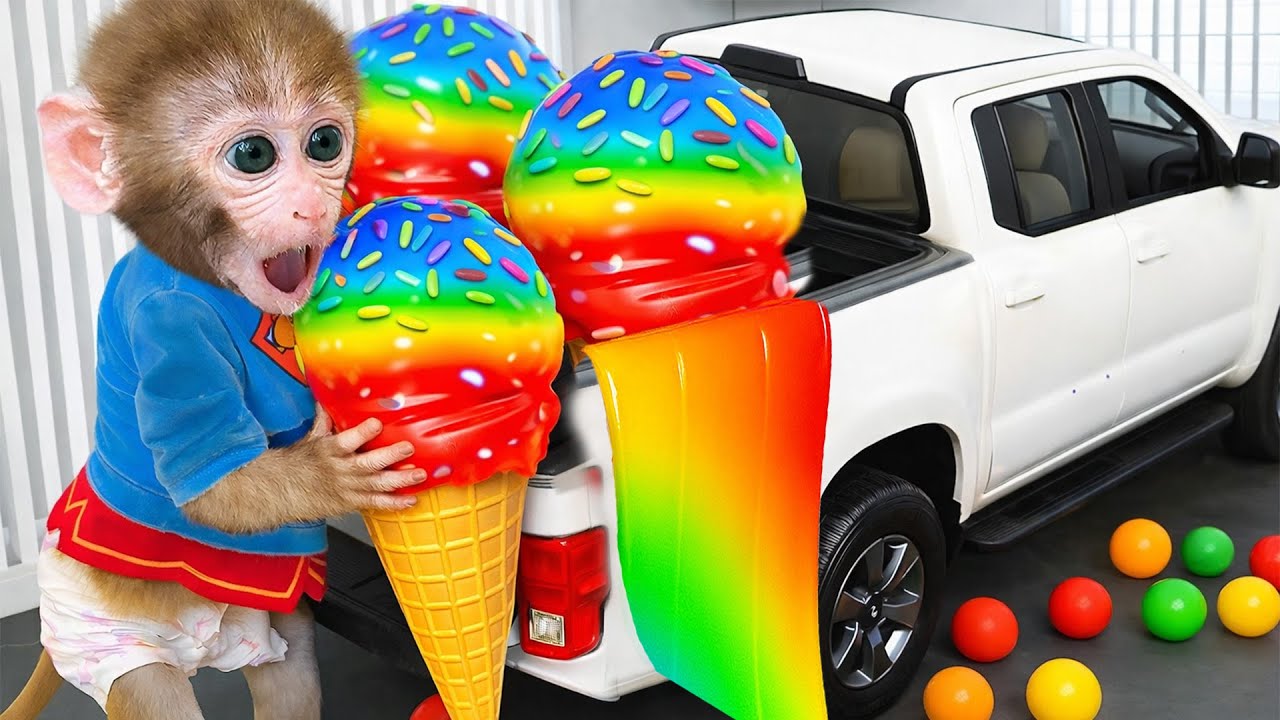 القرد بون بون يشتري آيس كريم حلوًا ويحصد البطيخ في المزرعة مع قرد صغير