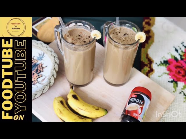 Banana coffee smoothie recipe. Energy booster. Tasty coffee with banana for breakfast. class=