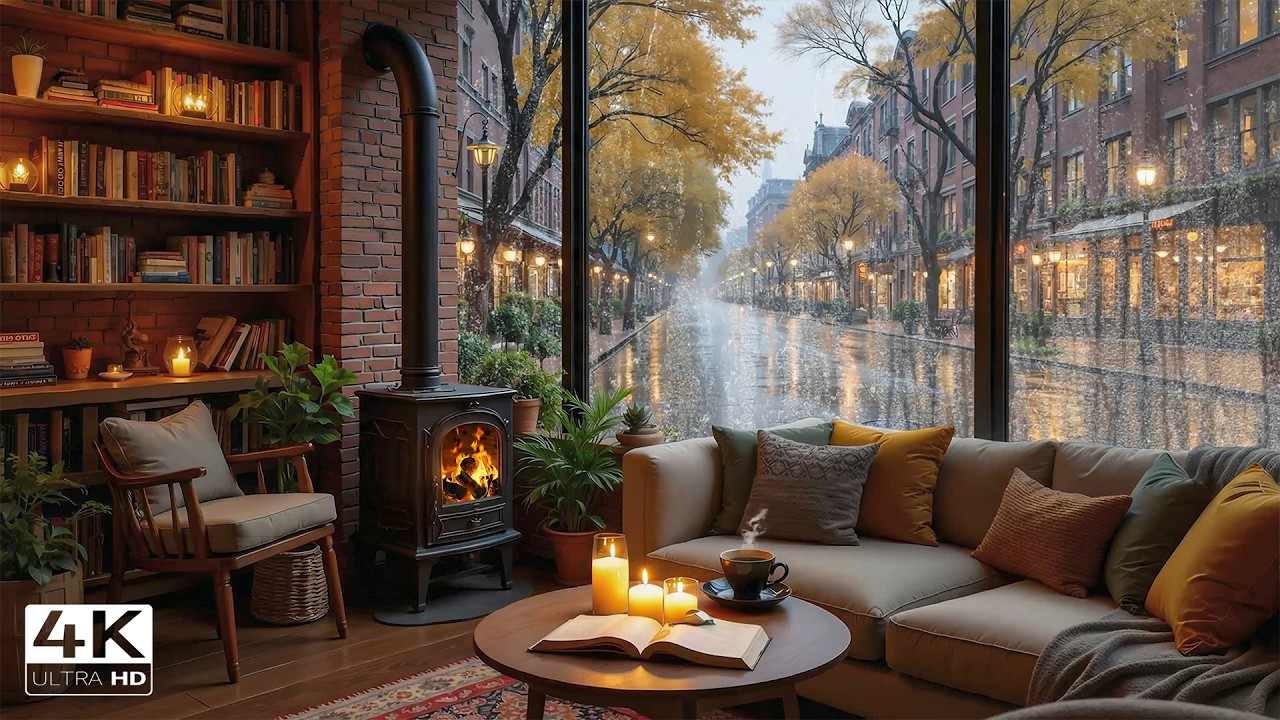 Тихая весенняя дождливая атмосфера кафе ☕🌧️ Нежная джазовая фортепианная музыка со звуками камина