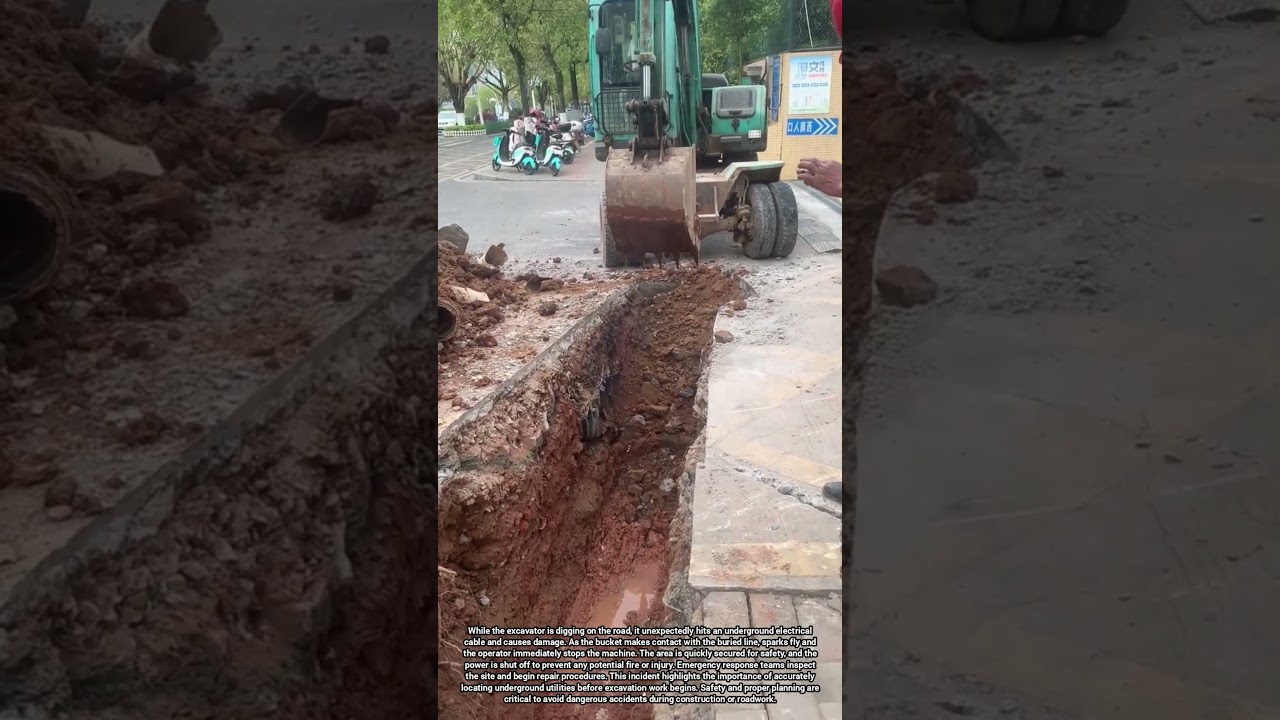 Excavator Accidentally Damages Underground Power Line During Roadwork