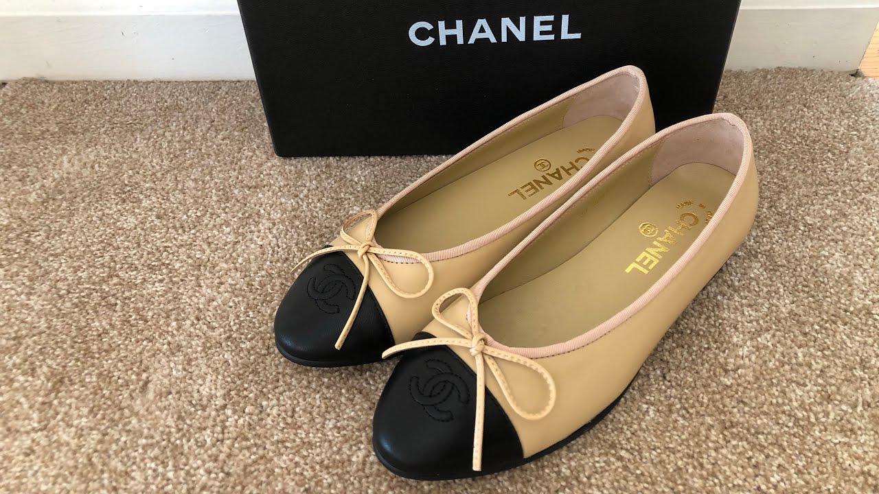 CHANEL CC Ballet Flats Lambskin Leather (Beige/Black) Unboxing 