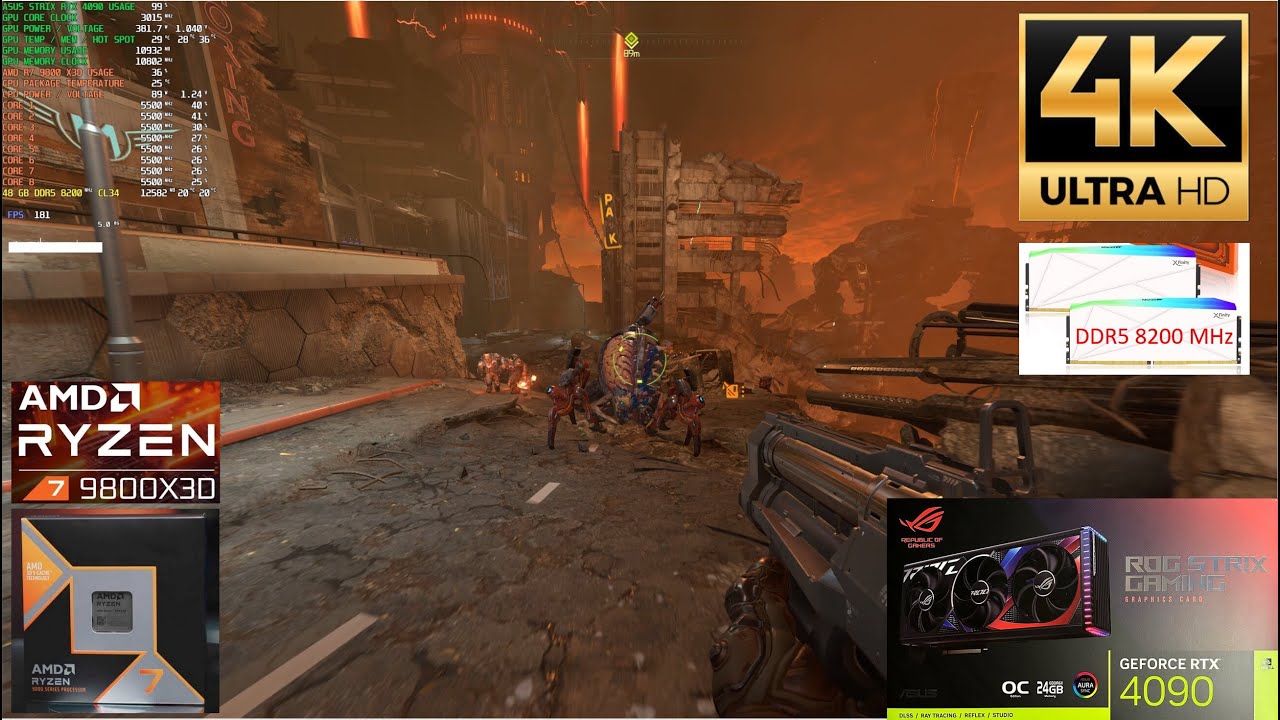 DOOM Eternal 1080P - 1440P - 4K Gameplay Test / STRIX RTX 4090 / AMD Ryzen 7 9800X3D