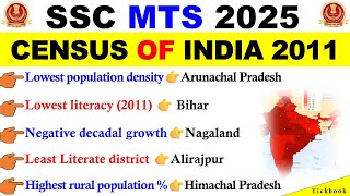 Census Of India 2011 For SSC MTS Exam 2025🔥 | Expected 100 MCQs | GK For SSC MTS 2025 | Tickbook