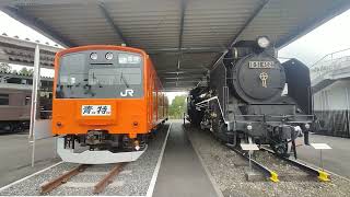青梅鉄道公園展示中の201系電車と蒸気機関車(D51形)正面展望